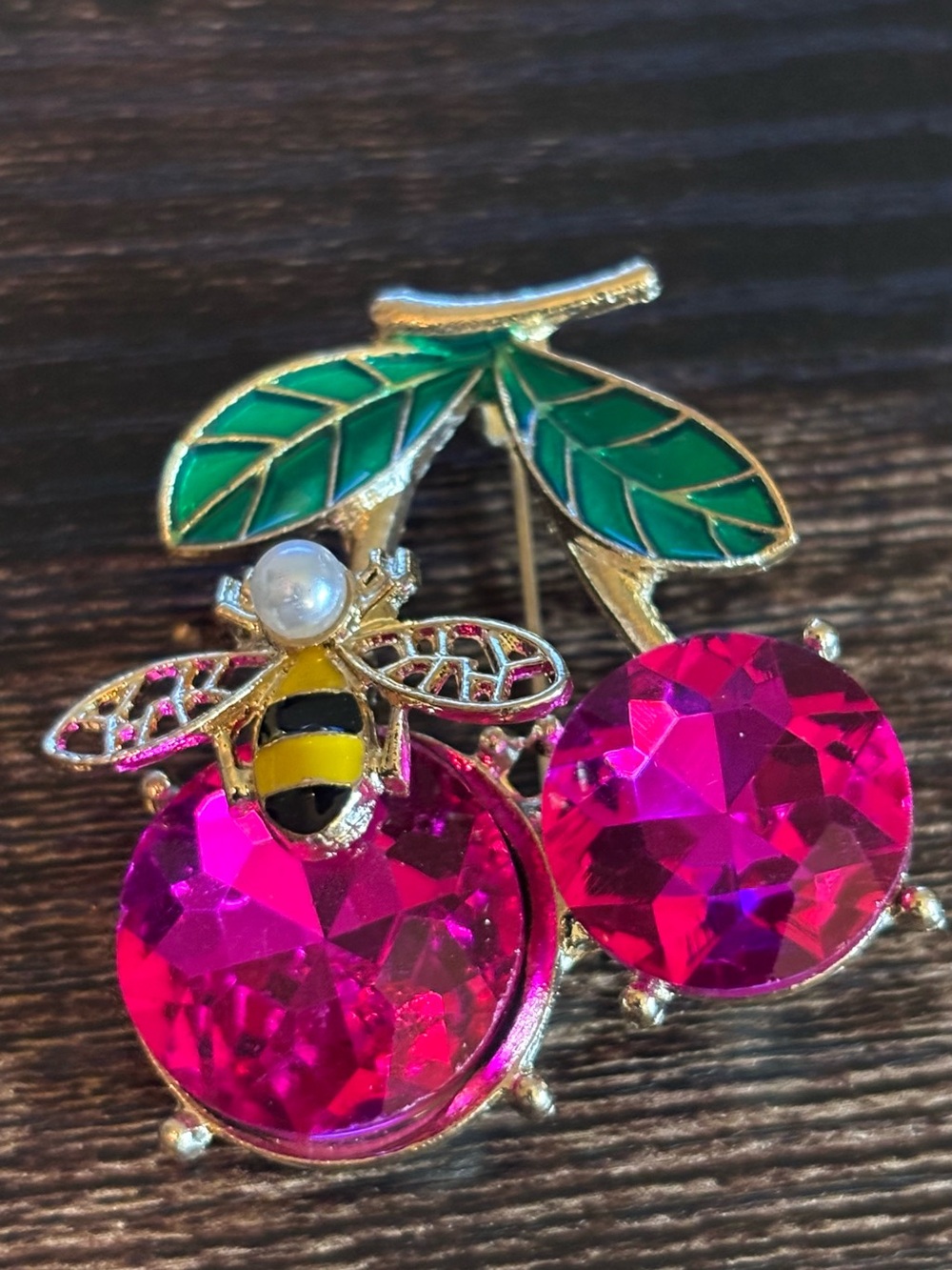 Yellow Bee & Cherry Pin Crystal Rhinestone Brooch in Hot Pink and Green‎